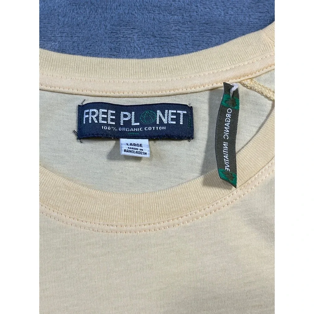 Free Planet Mens Organic Cotton T-Shirt Large Yellow Raglan Sleeve Sustainable
